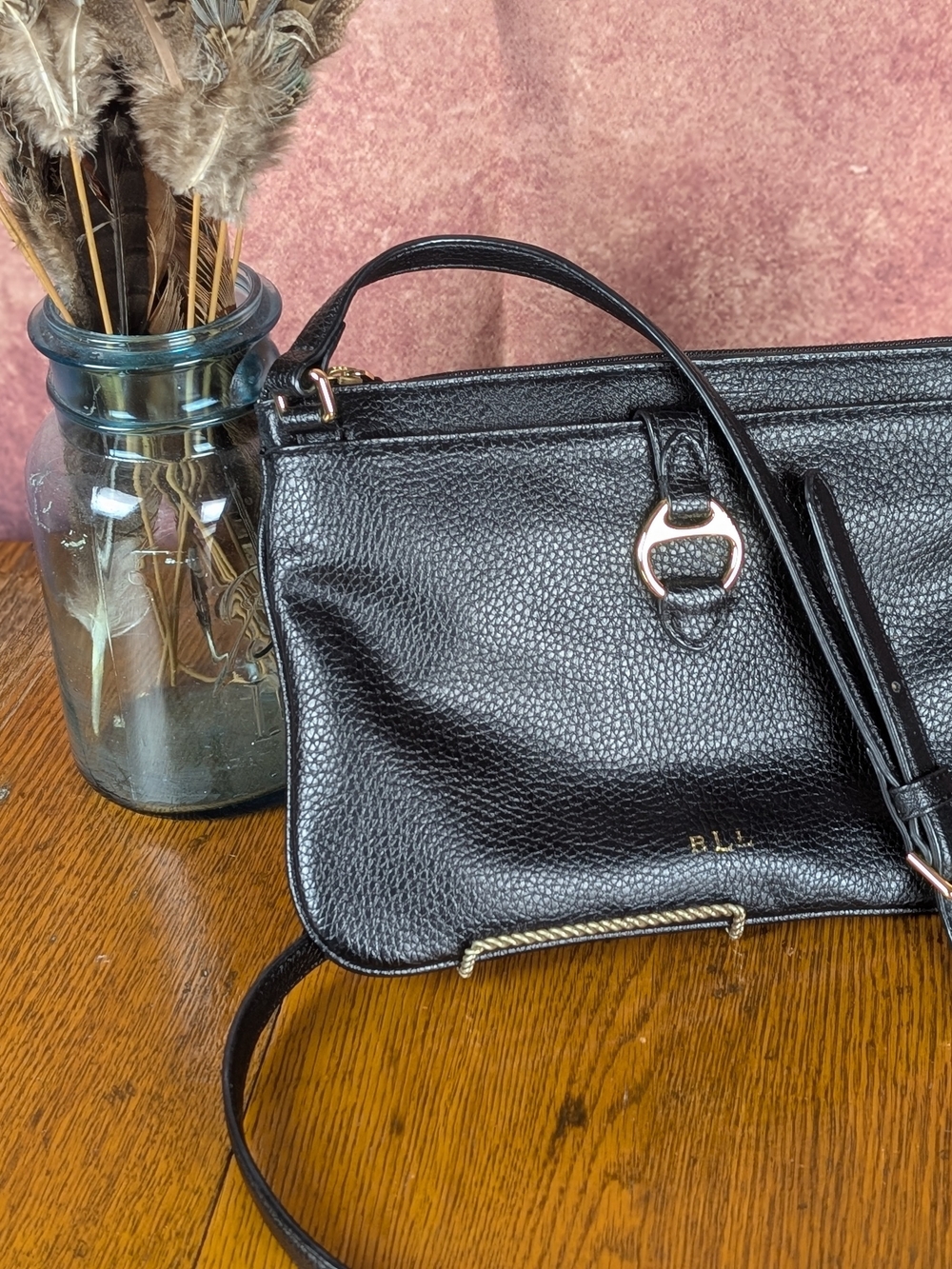 Lauren Ralph Lauren Black Pebbled Leather Crossbody Purse Gold Hardware